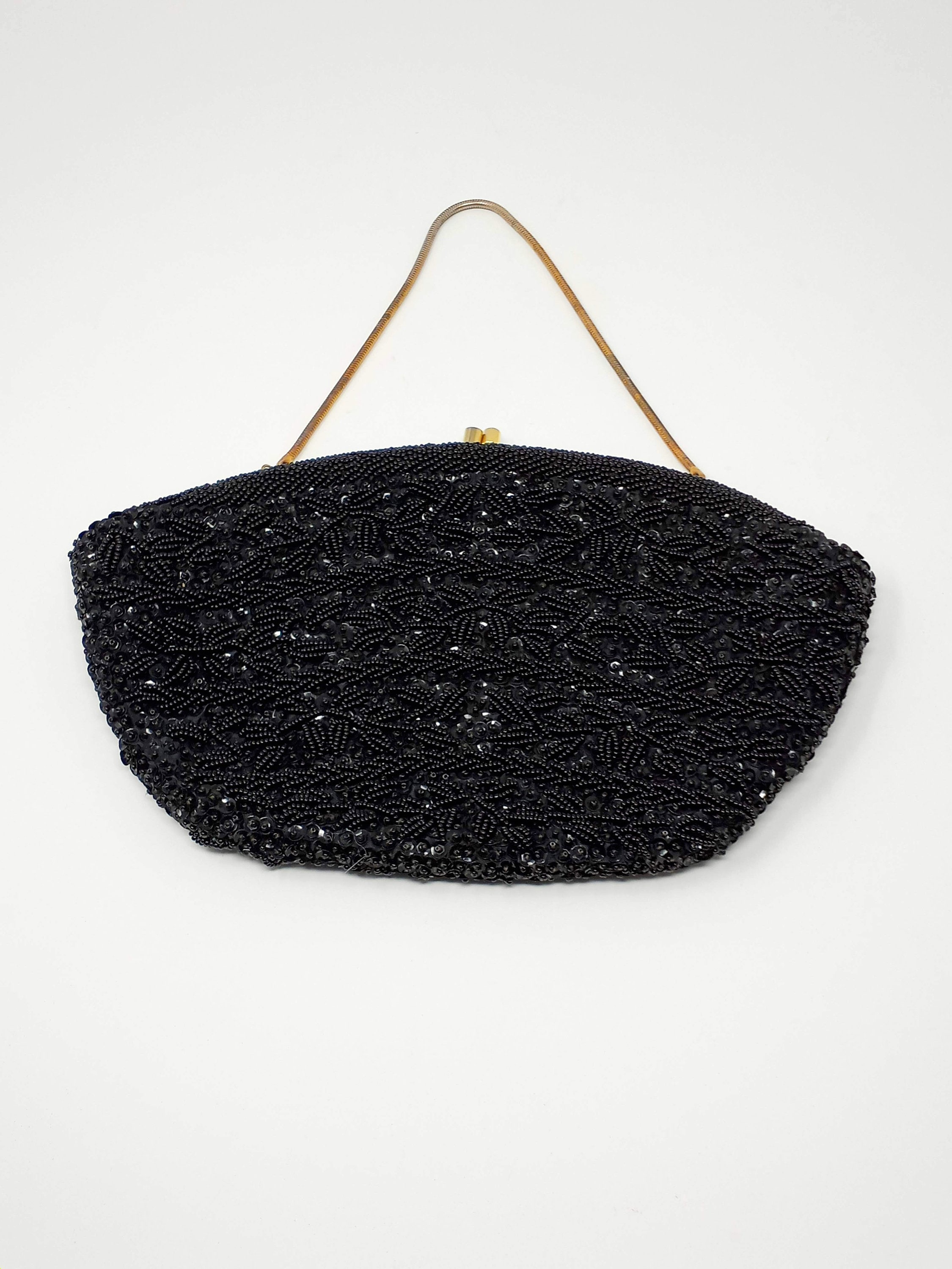 * VINTAGE '60s / '70s GLAMOROUS HAND MADE SPARKLING BLACK BEAD & SEQUIN  EVENING BAG FROM HONG KONG