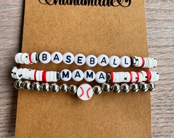 Baseball MAMA Bead Bracelet Stack (comes with 3) Mom gift, Mothers Day, Birthday Etc.