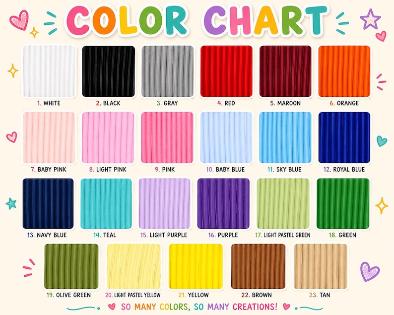 May include: A color chart displaying 23 numbered swatches of ribbed fabric in various shades including white, black, gray, red, maroon, orange, pinks, blues, purples, greens, yellow, brown, and tan. The text reads COLOR CHART and SO MANY COLORS, SO MANY CREATIONS!