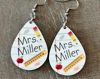 Personalized Teacher Earrings. Notebook-classroom earrings. School teacher appreciation, end of school present teachers. Back to school