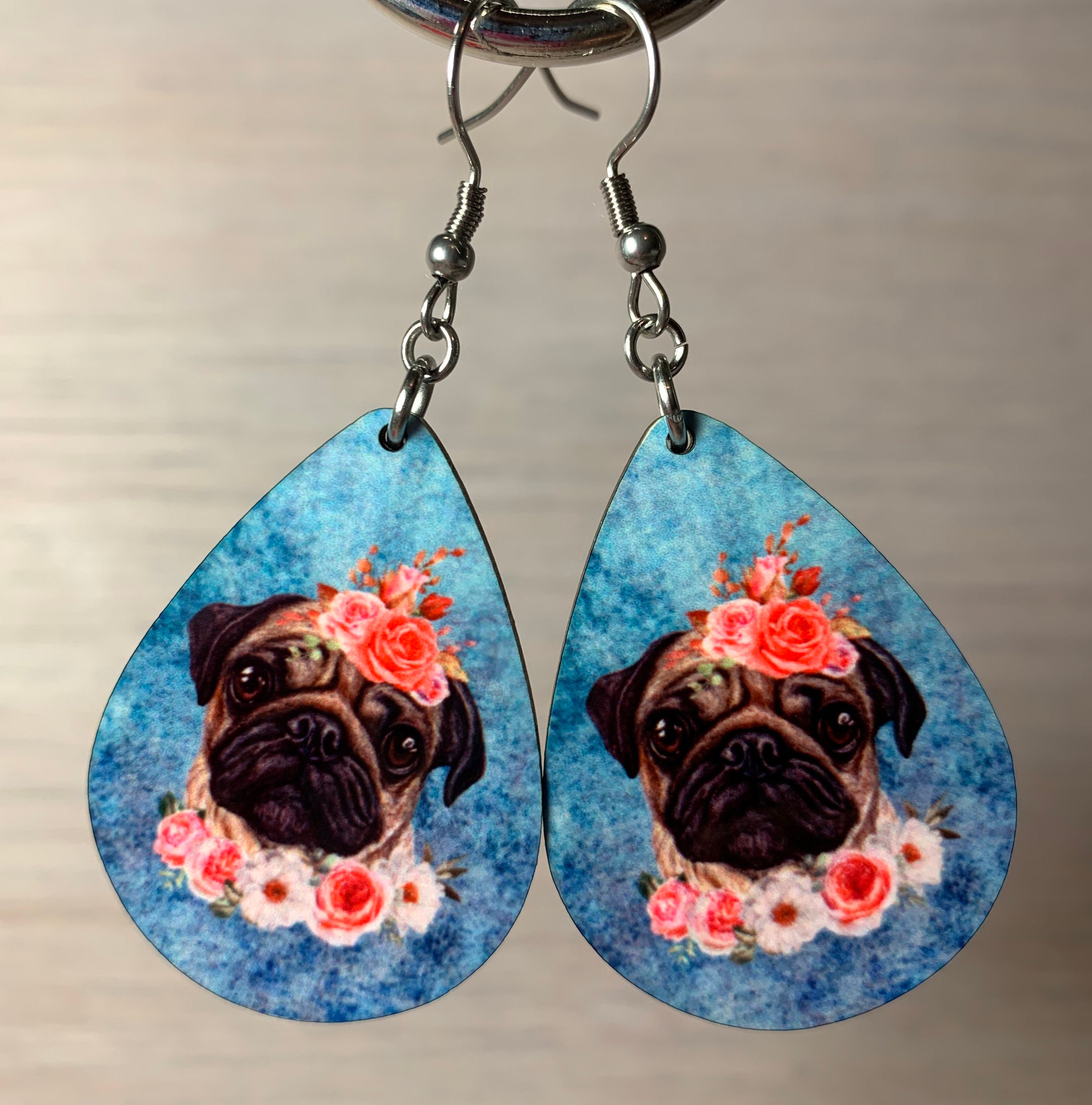 Cute pug earrings. Dog lover , pug, veterinarian earrings. Pretty pug with flowers. Spring pug. Dangle teardrop
