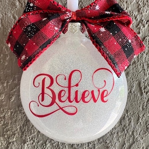 Christmas Believe ornament. Glitter white sparkling Holiday ornament disc. Christmas Ornament