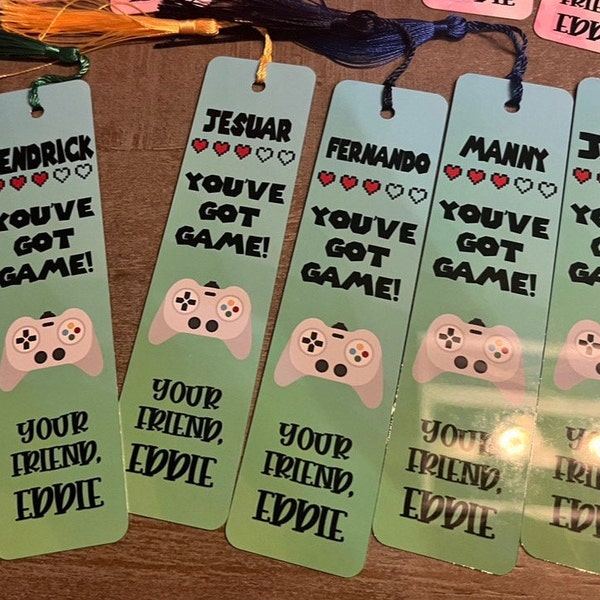 Personalized Valentines Day GAMER Party Favors personalized aluminum bookmarks for birthday, friends,  class , students. Xoxo