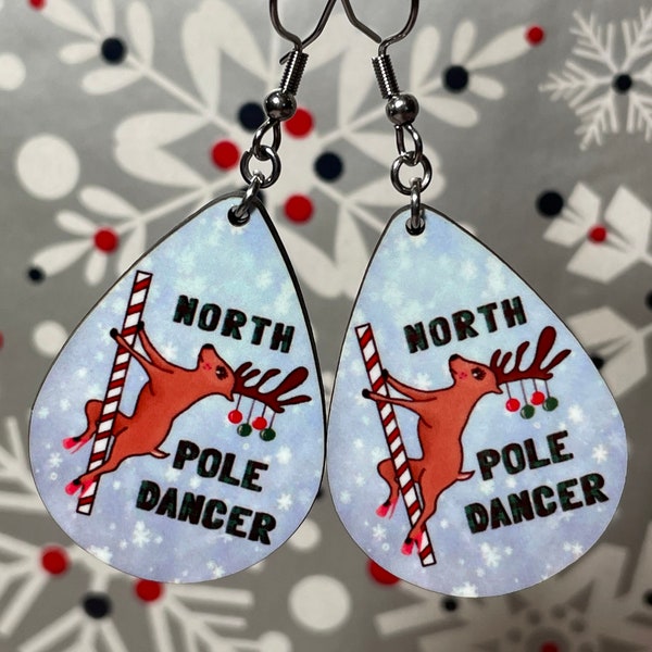 North Pole dancer earrings. Funny Christmas earrings. Santa’s reindeer, candy cane, North Pole. Christmas holiday earrings