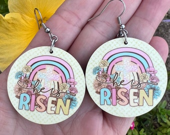He is Risen handmade earrings. Easter Sunday, church Jesus earrings. Spring Retro Yellow