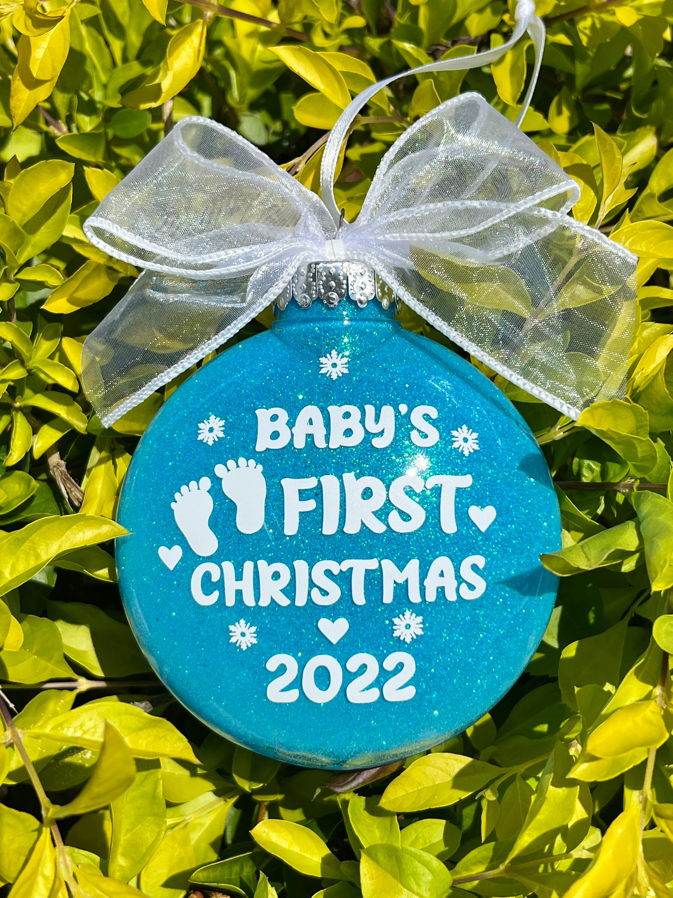 Baby’s first Christmas ornament 2022. Baby Blue Glittered Disc. Birth announcement, first holiday keepsake.