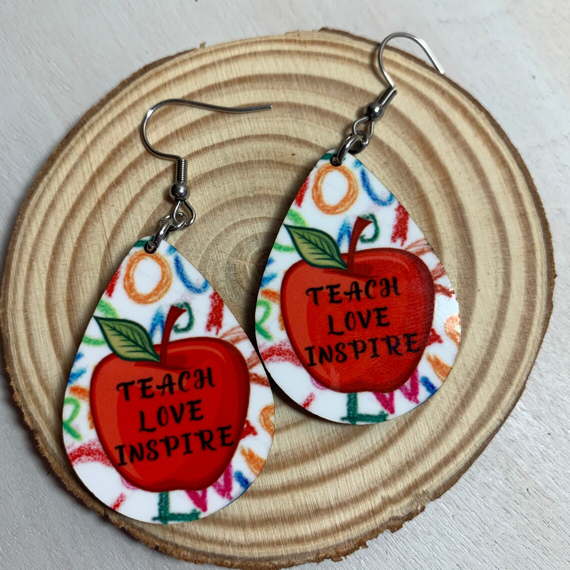 Teacher earrings. Teach love inspire. Sublimation earrings. Etsy