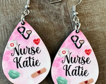 Personalized Nurse earrings handmade. Nursing staff, student, Register Nurse, medical field. Name RN , gift. Stethoscope, hearts, mask
