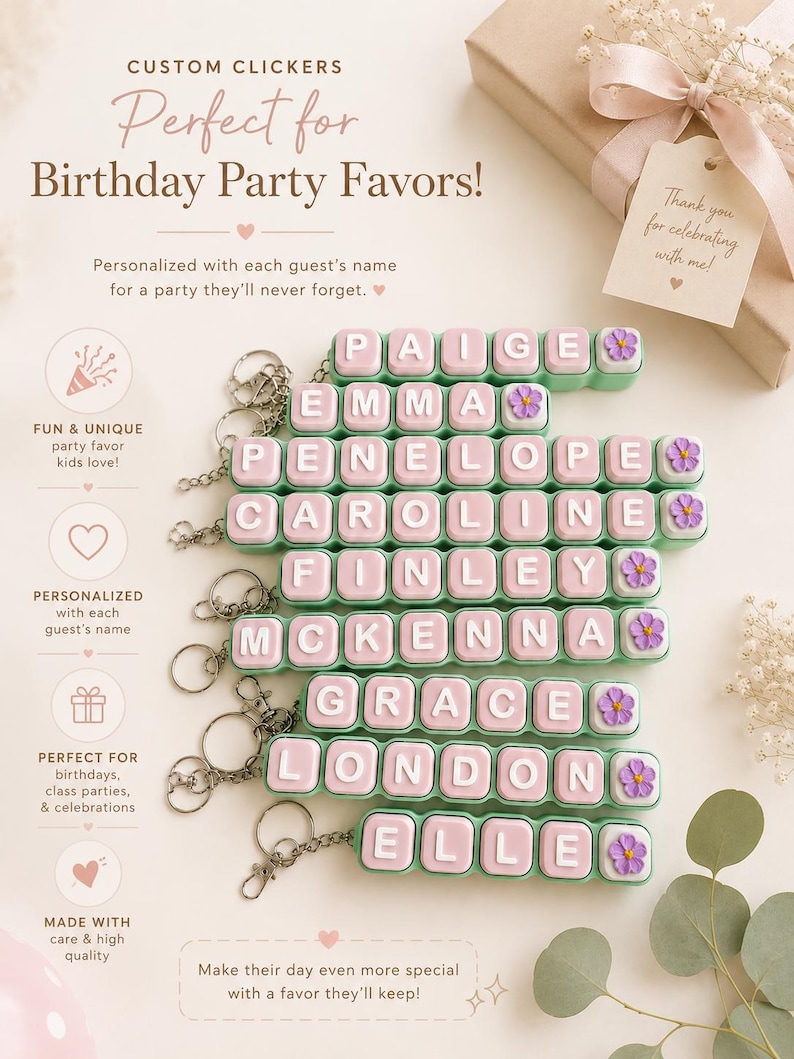 May include: A collection of custom clicker keychains featuring light green bases and pink square tiles with white letters spelling names including Paige, Emma, Penelope, Caroline, Finley, McKenna, Grace, London, and Elle, each with a small purple flower.