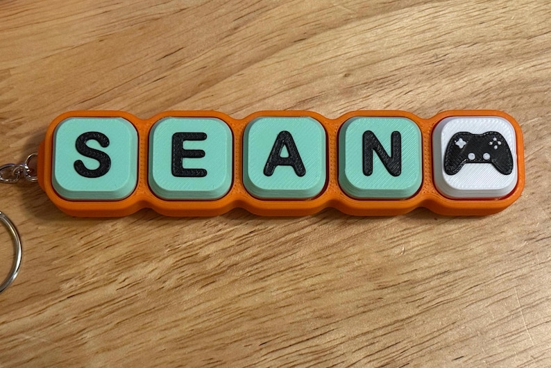 May include: A rectangular orange keychain featuring five square blocks. Four light green blocks display the black letters S, E, A, and N. The fifth block is white and features a black graphic of a video game controller. A metal ring is attached.