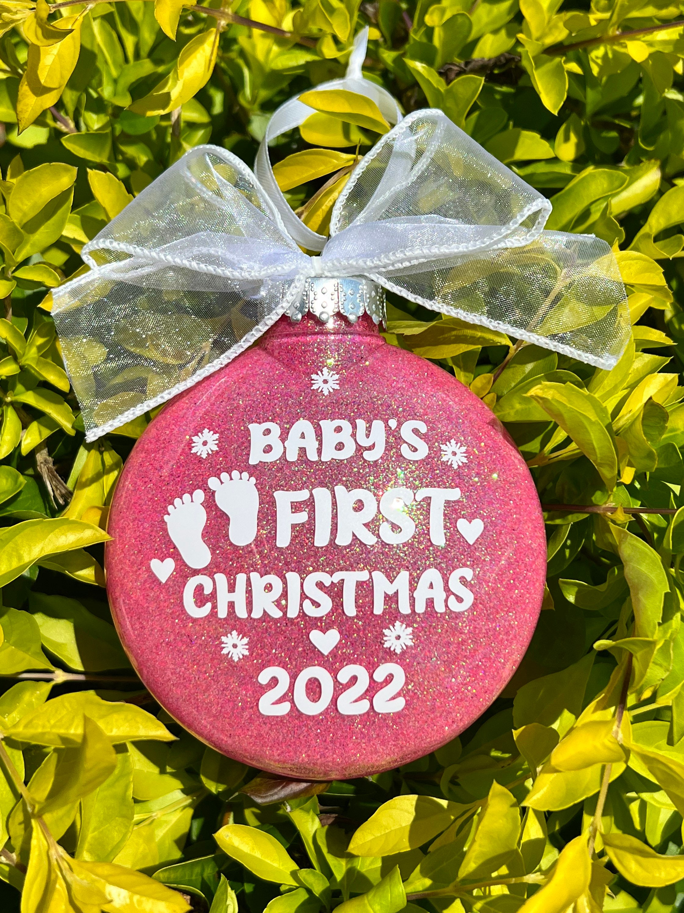 Baby’s first Christmas ornament 2022. Pink Glitter Disc Baby Girl. Birth announcement, first holiday.