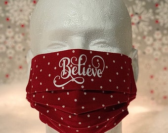 Christmas mask. Believe Christmas , glitter sparkle Christmas face mask.Reusable cotton double layer. Adjustable ear loops
