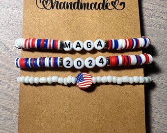 MAGA 2024 Bead Bracelet Stack (comes with 3) President Donald Trump Republican Party Heishi Bead