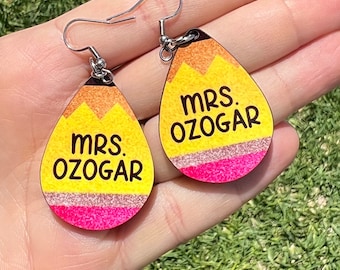 Personalized Teacher Earrings. Sublimated, pencil earrings. School teacher appreciation, end of school present teachers. Back to school