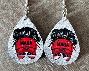 MAGA 2024 earrings. TRUMP GIRL patriotic American girl earrings.