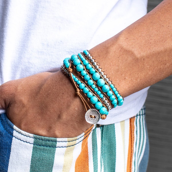 Turquoise + Silver Zinc Wrap Bracelet | Bracelet Homme |  Custom Size Bracelet Kit | Spirit Wrist River Mens Bracelet