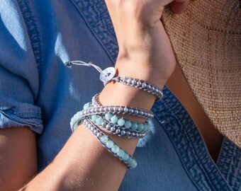 Aquamarine Jade Pearl Wrap Bracelet: Handmade Boho Gemstone Jewelry