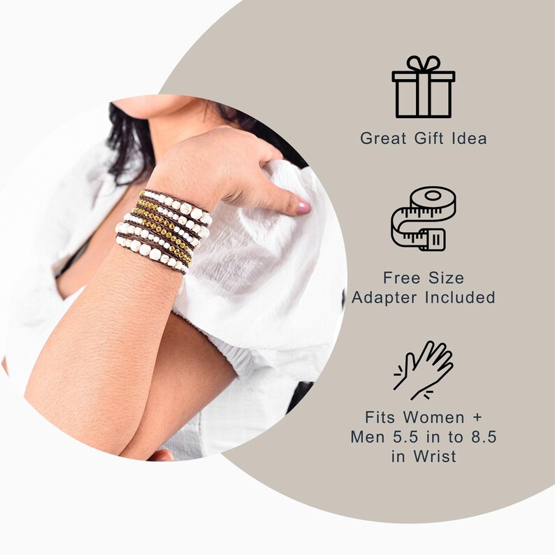 May include: A brown leather bracelet with white and gold beads. The bracelet is adjustable and fits wrists between 5.5 and 8.5 inches.