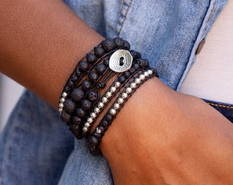Lavastein Wickelarmband: Silber Zink Boho Schmuck