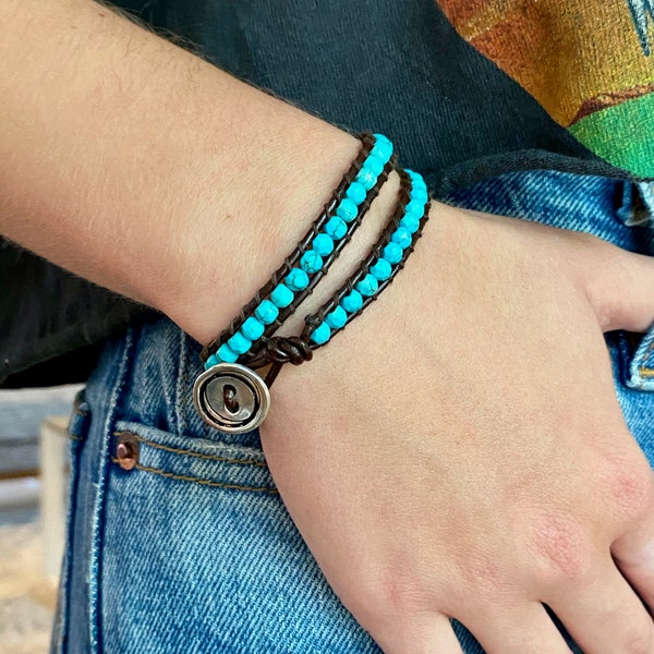 Turquoise Bead + Brown Leather with 925 Sterling Silver - Spirit Wrist Element | Boho Bracelet Femme | Bracelet Homme | Custom Size Kit