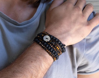 Tiger Eye + Lava Stone Mens Bracelet | Bracelet Homme |  Custom Size Bracelet Kit | Spirit Wrist Summit Bracelet