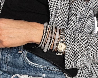 Moonstone Jade Wrap Bracelet: Silver Zinc Boho Jewelry