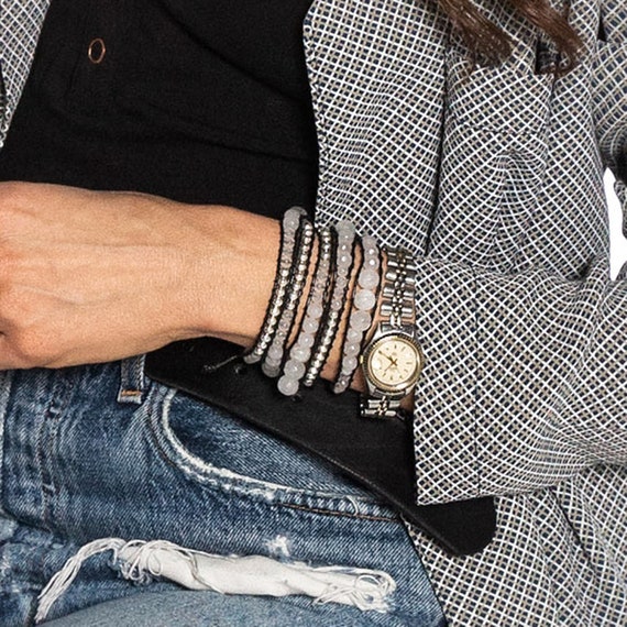 Moonstone Jade Wrap Bracelet: Silver Zinc Boho Jewelry