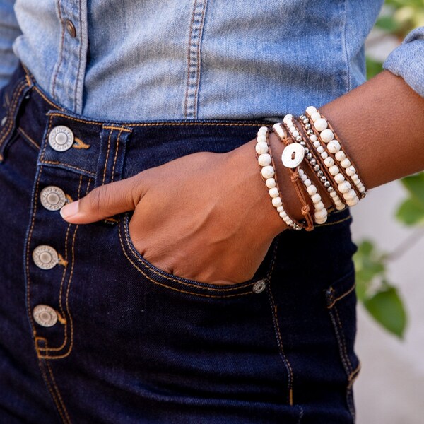 White Gemstone + Silver Hematite Wrap Bracelet | Boho Bracelet Femme |  Custom Size Bracelet Kit | Spirit Wrist Sloan Wrap Bracelet