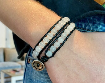 Moonstone Jade Wrap Bracelet: Sterling Silver Clasp, Black Leather Boho Style