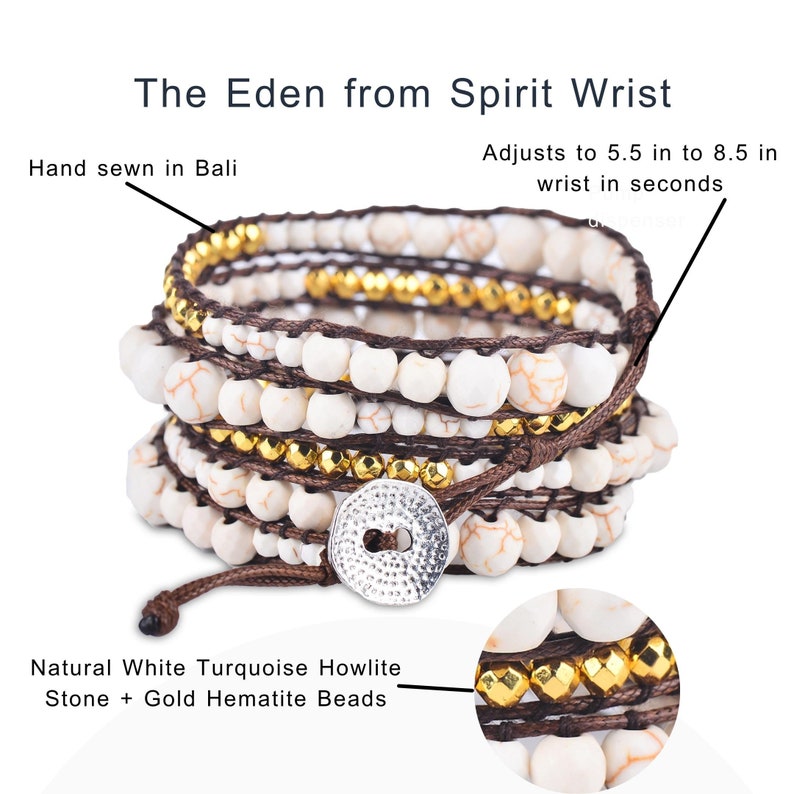 May include: A multi-strand bracelet with white howlite and gold hematite beads. The bracelet is adjustable and can be worn on wrists from 5.5 to 8.5 inches. The bracelet is hand-sewn in Bali.