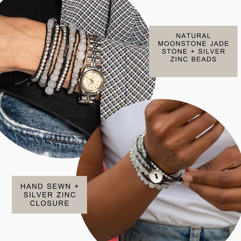 K&ouml;nnte beinhalten: Ein Satz &uuml;bereinander gelegter Armb&auml;nder mit nat&uuml;rlichen Mondstein-Jade-Steinen und silbernen Zinkperlen. Die Armb&auml;nder sind handgen&auml;ht mit einem silbernen Zinkverschluss. Auf dem Bild steht "NATURAL MOONSTONE JADE STONE + SILVER ZINC BEADS" und "HAND SEWN + SILVER ZINC CLOSURE".