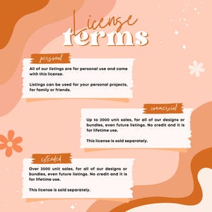 May include: A graphic with the words "License Terms" in a stylized font. The image outlines personal, commercial, and extended license options. The background is a gradient of peach and orange tones with decorative floral elements.