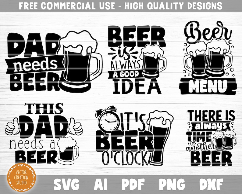 K&ouml;nnte beinhalten: Schwarz-wei&szlig;e digitale Design-Dateien f&uuml;r eine Vielzahl von bierbezogenen Zitaten. Die Designs beinhalten S&auml;tze wie "Papa braucht Bier", "Bier ist immer eine gute Idee" und "Es ist Bier-Uhr".