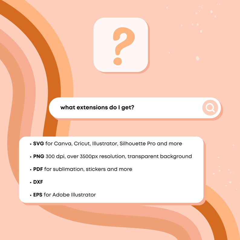 May include: A digital design graphic with a question mark icon and the text "what extensions do I get?" The image lists file formats: SVG, PNG, PDF, DXF, and EPS for various design software.