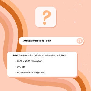 May include: A digital graphic with a peach and orange color scheme. The image includes a question mark icon, a search bar with the text "what extensions do I get?", and a list of PNG file details: print, resolution, and dpi.