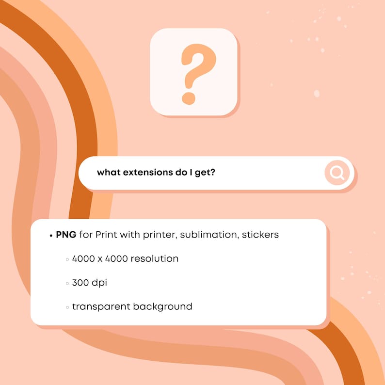 May include: A digital graphic with a peach and orange color scheme. The image includes a question mark icon, a search bar with the text "what extensions do I get?", and a list of PNG file details: print, resolution, and dpi.