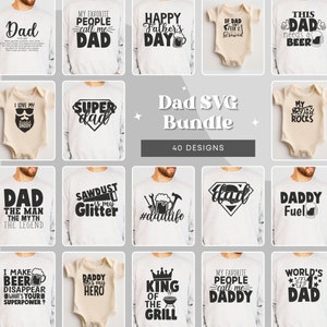 May include: A collection of 40 SVG designs featuring various phrases and images related to dads. The designs include phrases like "Dad", "Super Dad", "Daddy Fuel", and "King of the Grill".