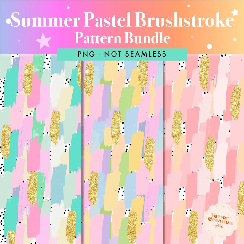 Puede incluir: Tres patrones de papel digital con pinceladas pastel con acentos de purpurina dorada sobre un fondo blanco con lunares negros. El texto "Summer Pastel Brushstroke Pattern Bundle" est&aacute; en la parte superior de la imagen. El texto "PNG - NOT SEAMLESS" est&aacute; debajo del t&iacute;tulo.