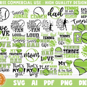 May include: A collection of tennis-themed designs in black and green, including phrases like "Tennis Dad," "Tennis Mom," and "Tennis Junkie." The designs feature tennis balls and heart shapes, with text in various fonts.