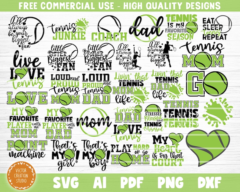 May include: A collection of tennis-themed designs in black and green, including phrases like "Tennis Dad," "Tennis Mom," and "Tennis Junkie." The designs feature tennis balls and heart shapes, with text in various fonts.