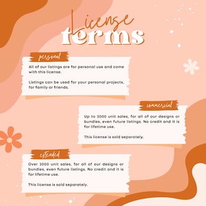 May include: A graphic with the words "License Terms" in a stylized font. The image outlines personal, commercial, and extended license options. The background is a gradient of peach and orange tones with decorative floral elements.