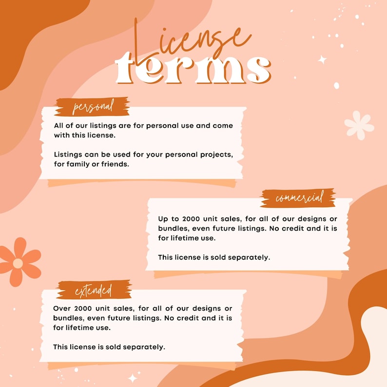 May include: A graphic with the words "License Terms" in a stylized font. The image outlines personal, commercial, and extended license options. The background is a gradient of peach and orange tones with decorative floral elements.
