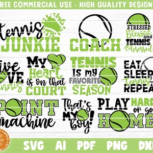 May include: A collection of tennis-themed designs in black and green, featuring phrases like "Tennis Junkie," "Eat Sleep Tennis Repeat," and "Play Hard or Go Home." The designs include tennis balls and hearts.