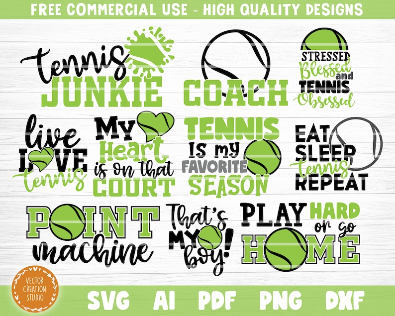May include: A collection of tennis-themed designs in black and green, featuring phrases like "Tennis Junkie," "Eat Sleep Tennis Repeat," and "Play Hard or Go Home." The designs include tennis balls and hearts.