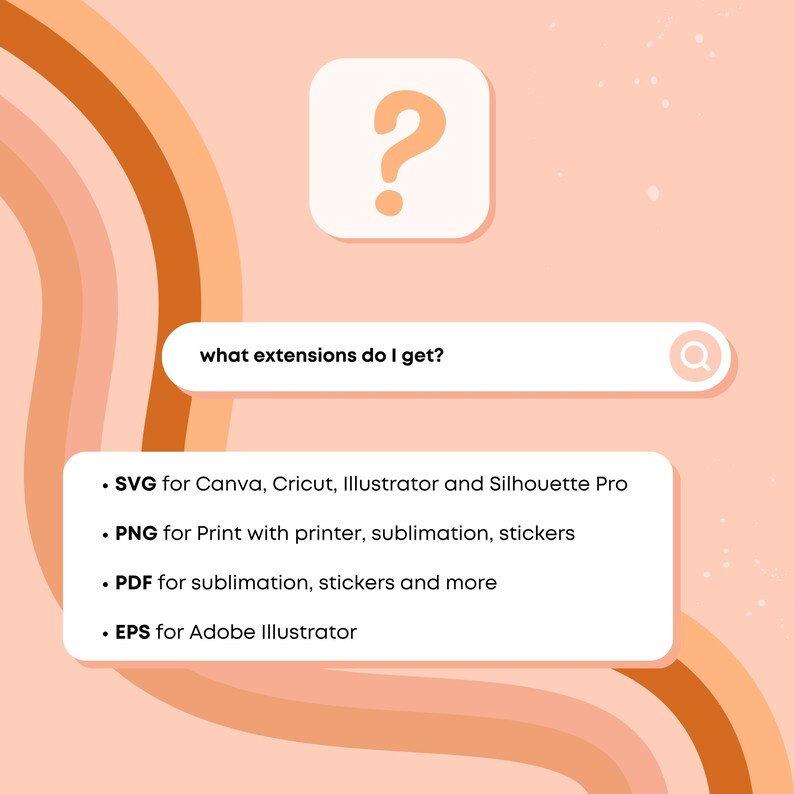 May include: A graphic with a question mark in a white square and a search bar with the text "what extensions do I get?"  The graphic lists the following file extensions: SVG, PNG, PDF, and EPS.  The graphic is on a peach background with brown and orange wavy lines.