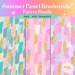 Puede incluir: Tres patrones de papel digital con pinceladas abstractas en colores pastel con acentos de purpurina dorada. Los patrones no son sin costuras y est&aacute;n etiquetados como "Summer Pastel Brushstroke Pattern Bundle" y "PNG - NOT SEAMLESS".