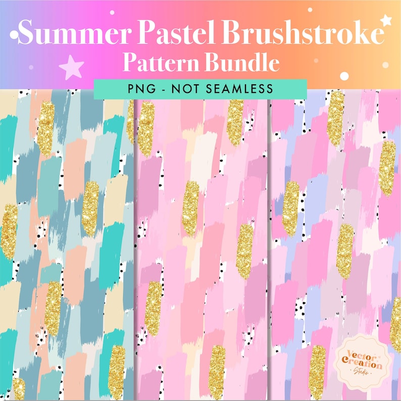 Puede incluir: Tres patrones de papel digital con pinceladas abstractas en colores pastel con acentos de purpurina dorada. Los patrones no son sin costuras y est&aacute;n etiquetados como "Summer Pastel Brushstroke Pattern Bundle" y "PNG - NOT SEAMLESS".