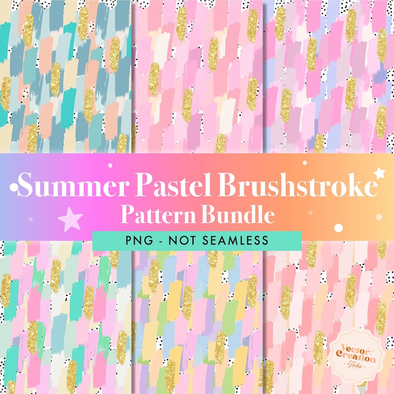 Puede incluir: Un conjunto de cuatro patrones de papel digital con pinceladas pastel con acentos de purpurina dorada sobre un fondo blanco con lunares negros. Los patrones no son sin costuras y est&aacute;n etiquetados como "Summer Pastel Brushstroke Pattern Bundle" y "PNG - NOT SEAMLESS".