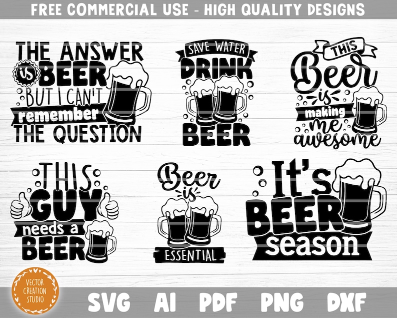K&ouml;nnte beinhalten: Sechs schwarz-wei&szlig;e digitale Designs mit Bier-bezogenen Wortspielen und Illustrationen. Die Designs beinhalten "Die Antwort ist Bier, aber ich kann mich nicht an die Frage erinnern", "Wasser sparen, Bier trinken", "Dieses Bier macht mich gro&szlig;artig", "Dieser Typ braucht ein Bier", "Bier ist essentiell", und "Es ist Biersaison".