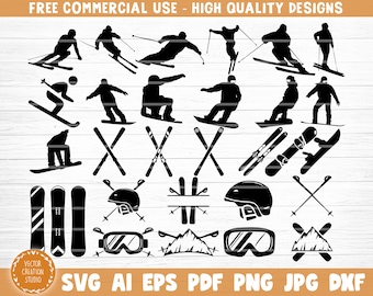 Könnte beinhalten: Ein Set mit 20 schwarzen und weißen Silhouette-SVG-Schnittdateien mit Skifahrern, Skistöcken, Skibergen, Brillen und Skihelmen.  KOMMERSIELLE NUTZUNG KOSTENLOS - HOCHWERTIGE DESIGNS. SVG AI EPS PDF PNG JPG DXF